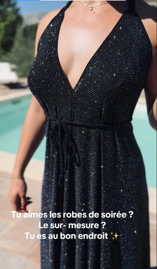 Robe de soirée - Stretch noir pailleté bleu violet